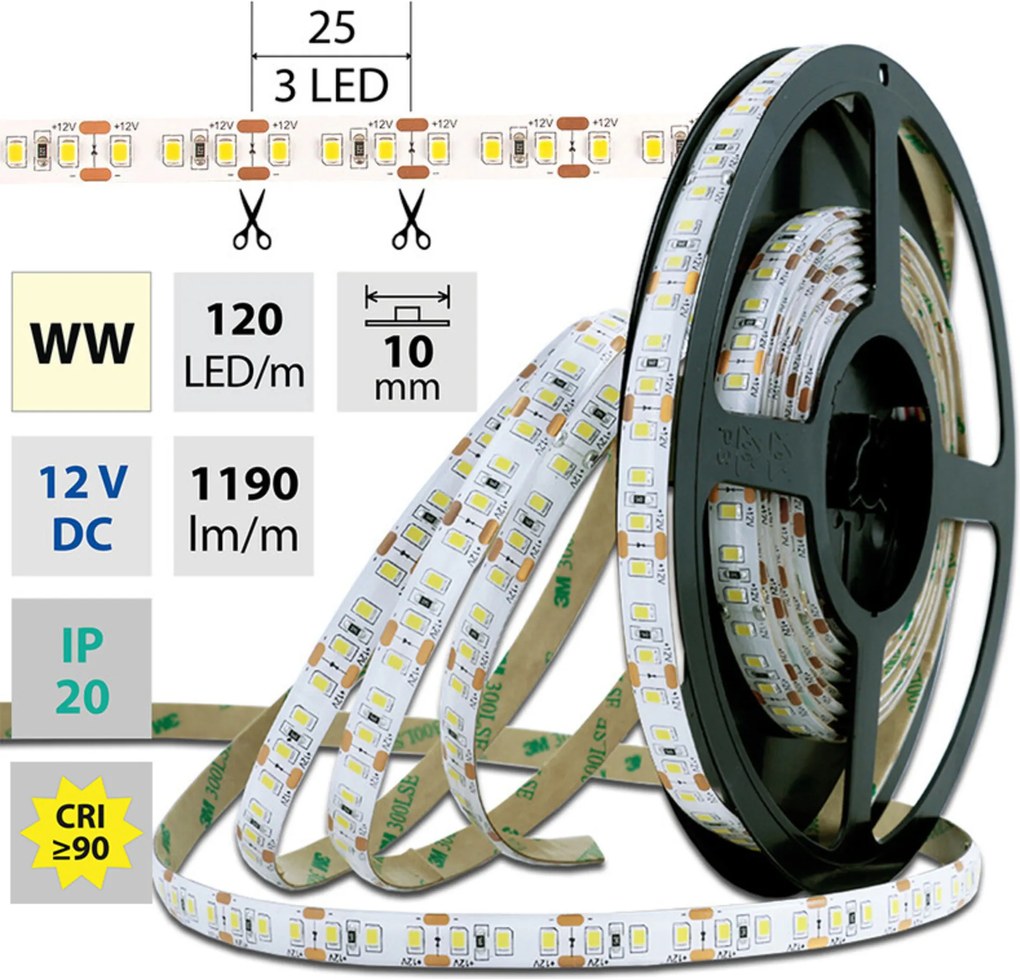 Schmachtl McLED Led szalag SMD2835 meleg fehér, DC12V, IP20, 10mm, fehér 5m