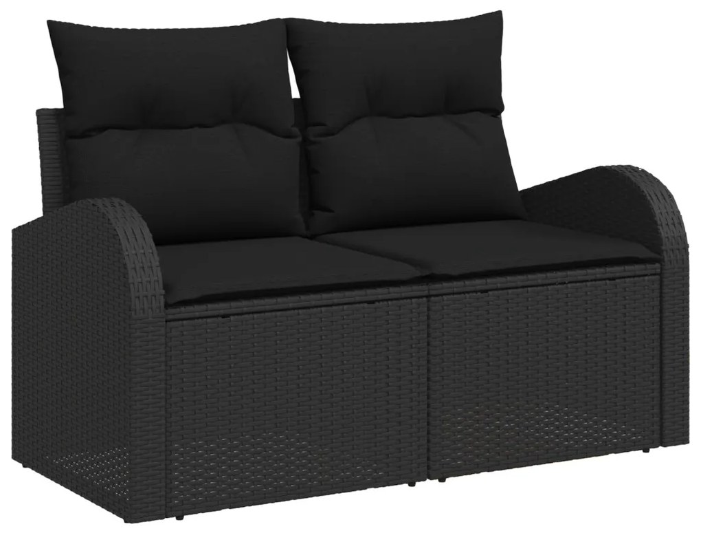 7 darabos kert kanapészett párnákkal fekete poli rattan, 2 személyes kert kanapé tárolóval és párnákkal fekete poli rattan