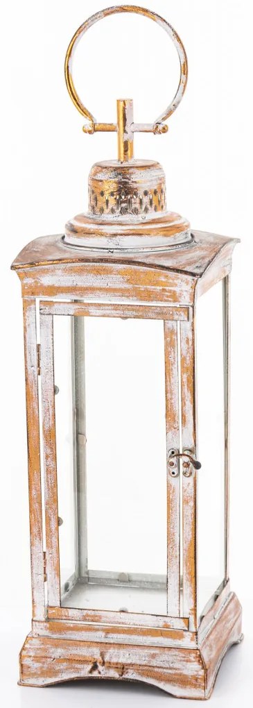 Vintage koptatott barna-krém üvegezett fém mécsestartó lantern lámpás akasztóval 66x19x19cm