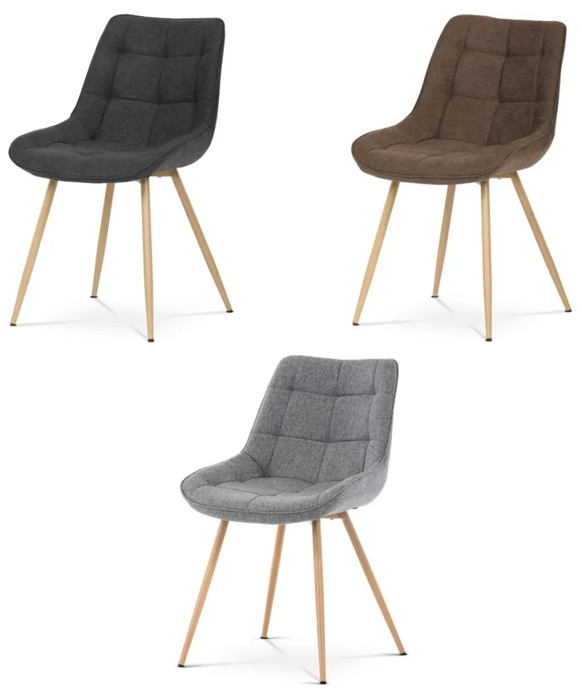Scaun de dining, tapițat cu material textil maro, picioare metalice, decor stejar 3D.