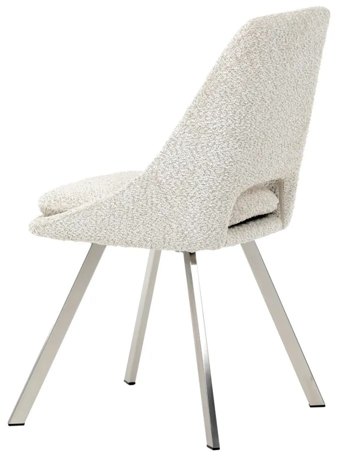 Scaun de sufragerie modern, tapițerie din material crem, picioare metalice, oțel inoxidabil periat.