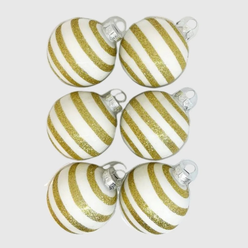 Gold glitter stripe fehér-arany kézzel festett üveg karácsonyi gömb szett 6*7cm
