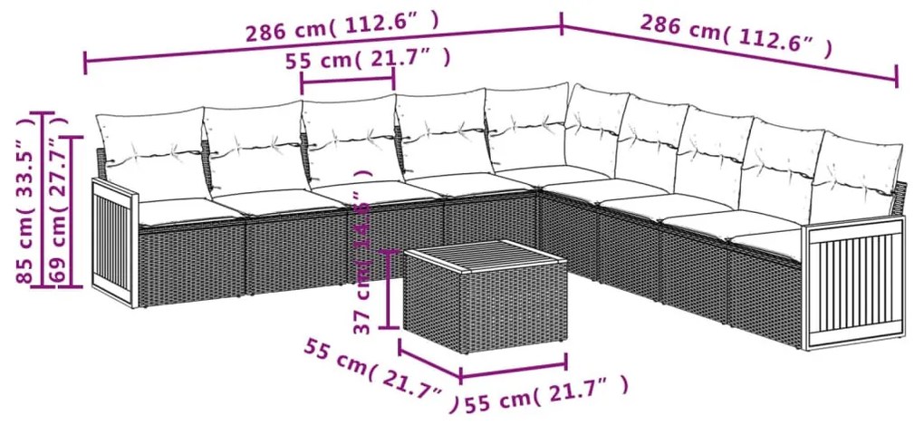 10 részes fekete polyrattan kerti ülőgarnitúra párnákkal