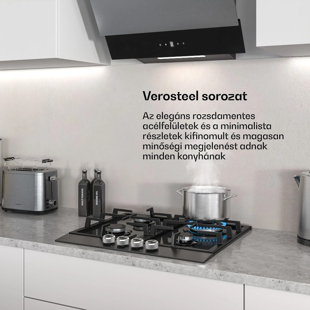 Klarstein Verosteel gázfőzőlap, 4 égős, elektromos gyújtás, földgázzal és LPG-vel kompatibilis, 8000 W, 60cm