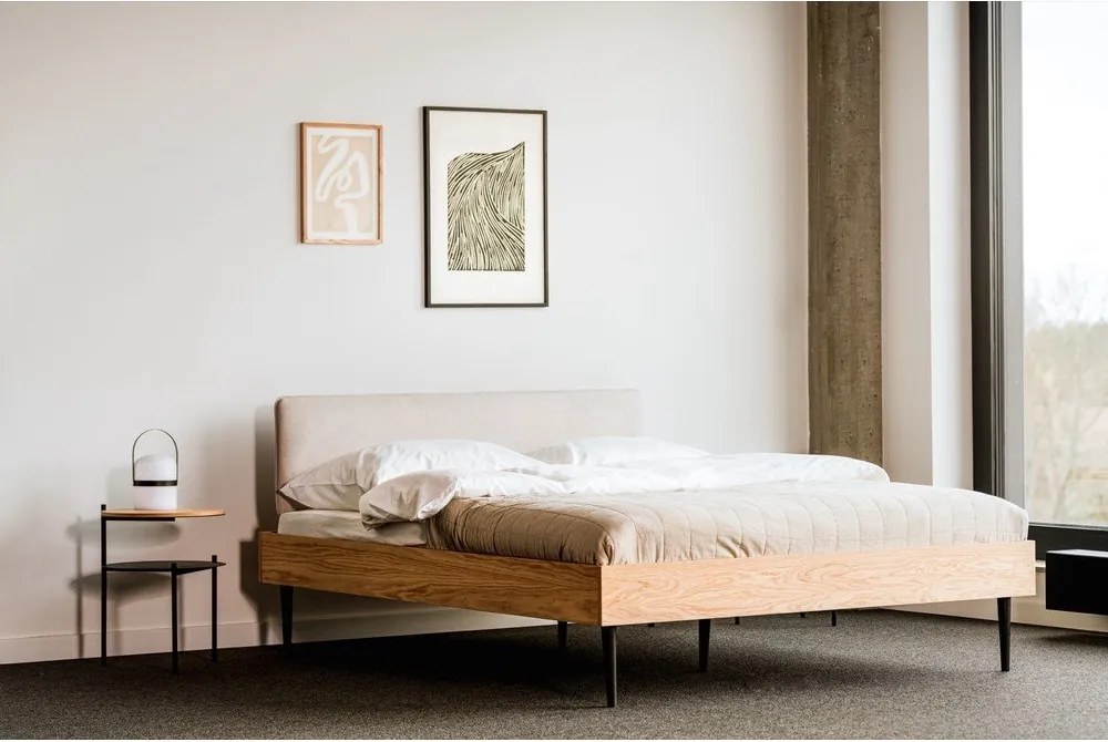 Natúr színű kárpitozott-forgácslemez franciaágy ágyráccsal 180x200 cm tölgyfa dekorral Streiko – noo.ma