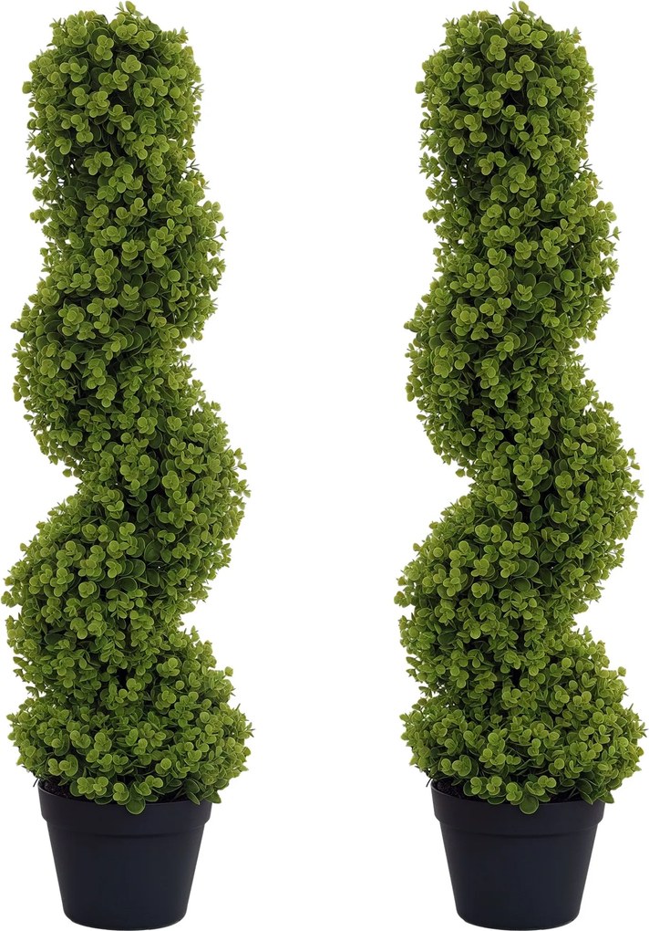 HOMCOM 2 darabos Műanyag Spirál Boxtree, 90 cm-es Benti Növény, UV-védelemmel ellátott Műnövény, Nagy Dekoratív Növény Földedényben Otthonra, Irodába,