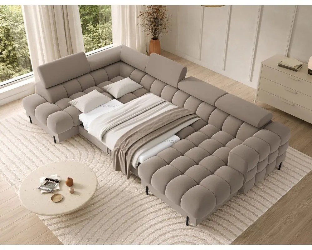 Világosbarna bársony kinyitható sarokkanapé (bal oldali-U alakú) Feraria – ELTAP