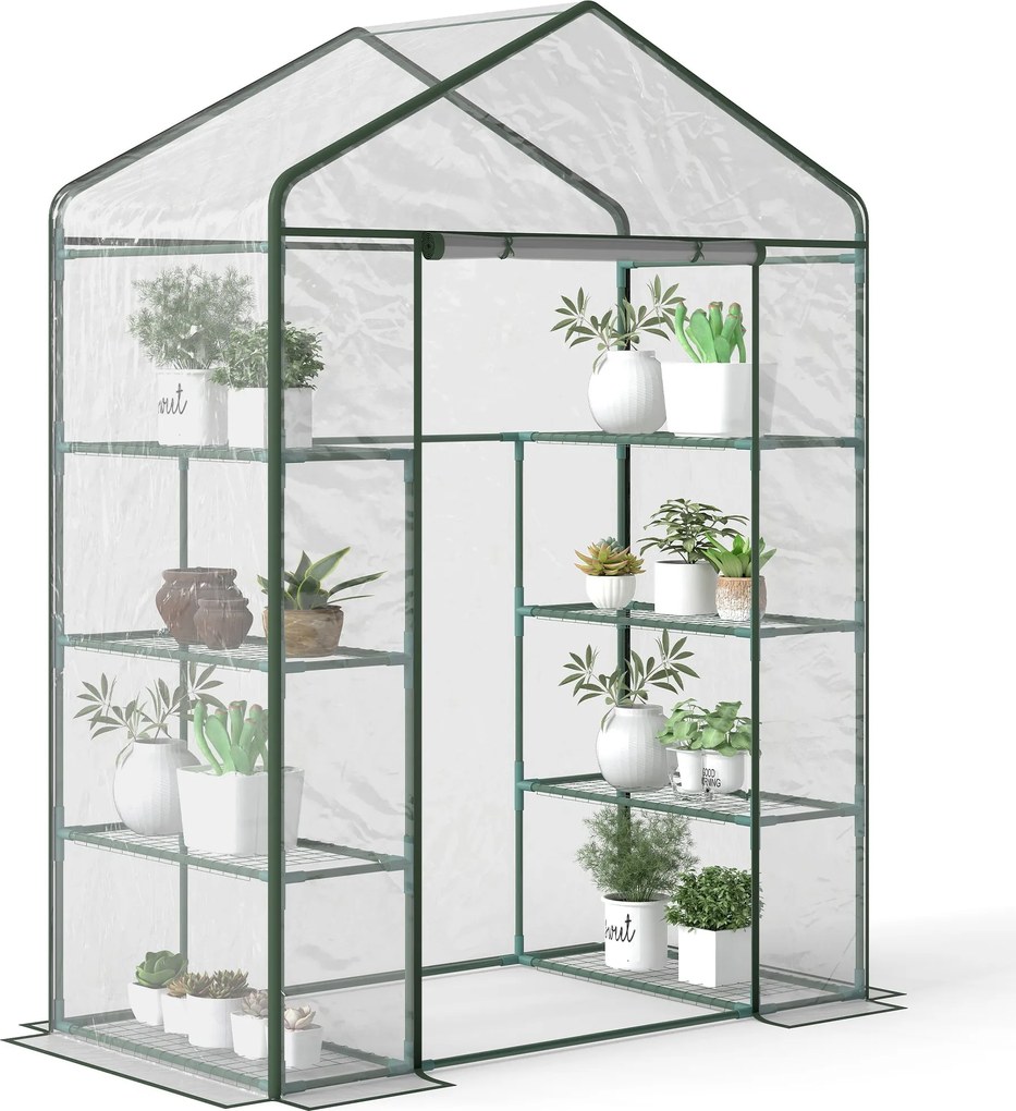Outsunny Kültéri Üvegház 4-Szintes Kertész Üvegház Polcokkal Acél Váz Üvegház Növények, Virágok, Paradicsomok Számára 143x73x195 cm Átlátszó | Aosom