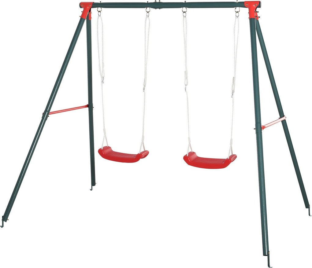 Outsunny Kettős Hinta Készlet Kicsiknek 3 Év Felett Fém Állvánnyal, Állítható Kötél, Kültéri, 40 kg Maximális Terhelhetőség, 239x156x180 cm, Zöld-Piro