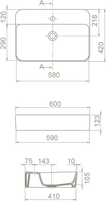 CeraStyle HERA - PULTRA ültethető - Top Counter - porcelán mosdó - 60 x 42 cm