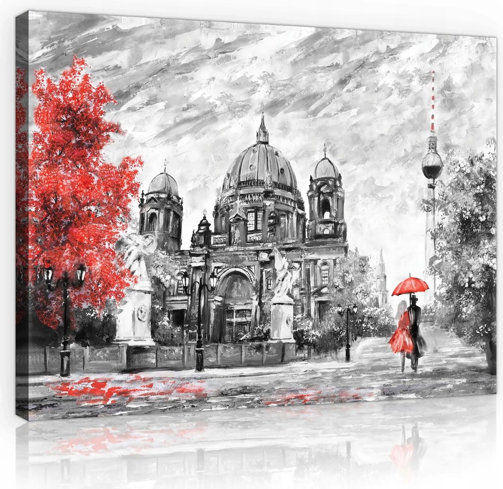 Vászonkép 80x60 Berlin városkép pár piros monokróm esernyő