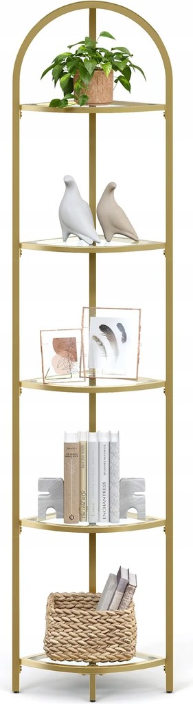 Arany színű Glamour sarok üveg könyvespolc, 158 cm magas, könyvek, díszek és dekorációk tárolására