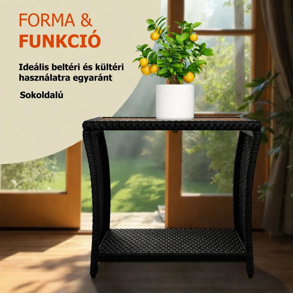 ROCCO polyrattan oldalasztal akácfával, 40x45x45cm, barna/fekete Casaria