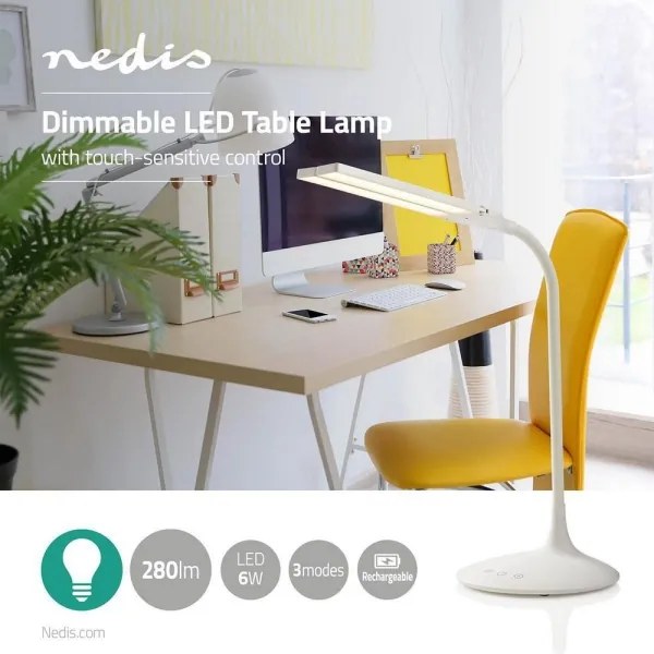 Nedis LTLG3M1WT4 - LED asztali lámpa, állítható fényerő, 6W, 5V, 2200 mAh, fehér