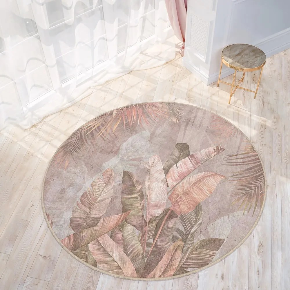 Világos rózsaszín mosható kerek szőnyeg ø 120 cm Dusty Leaves – Mila Home