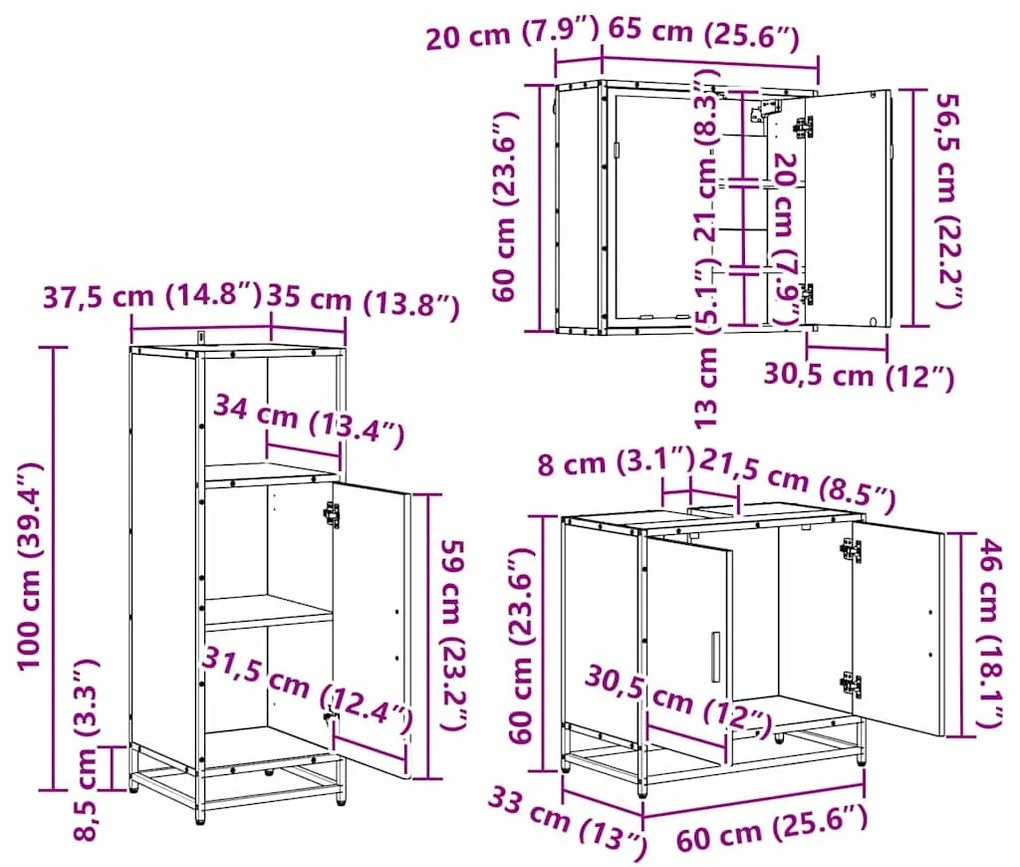 Fürdőszoba bútor szett 3 pcs Musta tammi 60 x 33 x 60 cm