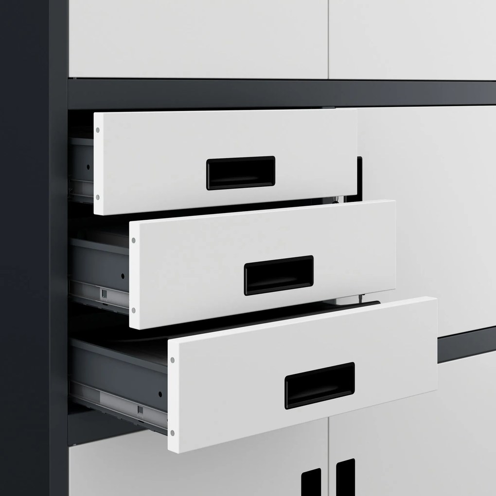 Fém iratszekrény széffel és fiókokkal FILIP II, 900 x 1850 x 400 mm, antracit-fehér