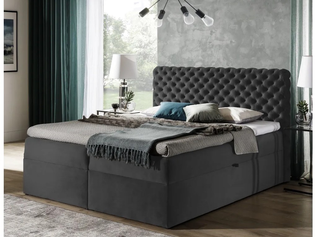 MARCH boxspring kárpitozott ágy + fedő, 200x200, riviera 16