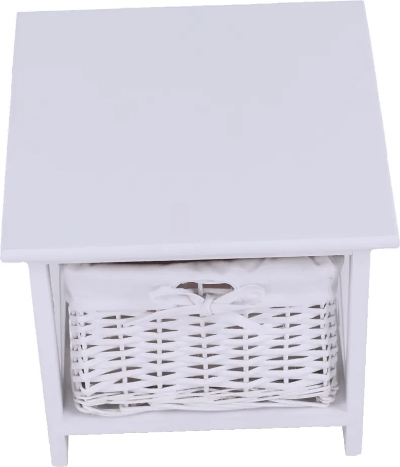 Éjjeliszekrény, fa/vesszőfonás/szövet, fehér, RAFAELLO