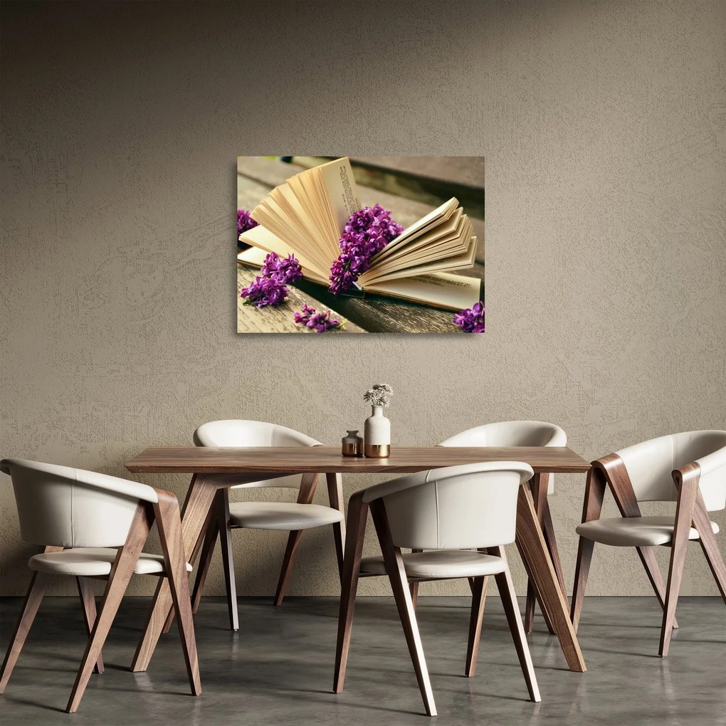 Kép egy könyvröl és a lila virágok (üvegen) (70x50 cm)