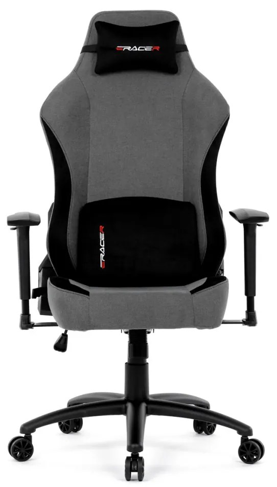 Scaun pivotant pentru gamer, țesătură gri, structură balansoar, poziționare spătar 90°-180°, cotiere 3D, spumă cu memorie și perne