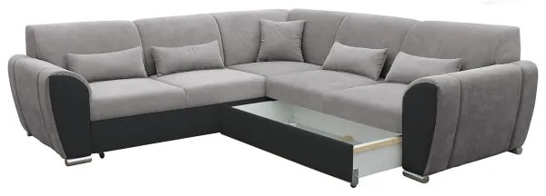 VISEU kihúzható, jobbos L alakú sarokgarnitúra tárolóval, szürke/fekete