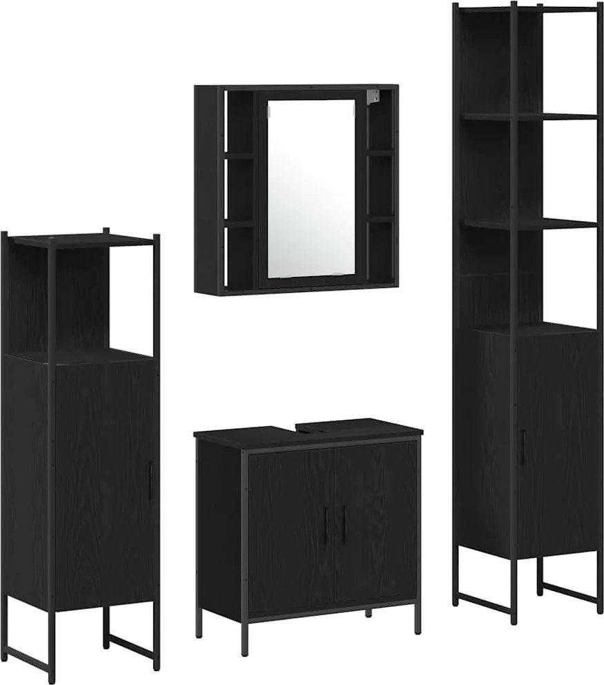 vidaXL Fürdőszoba bútor szett polcokkal tárolóval 4 pcs Fekete Faanyag