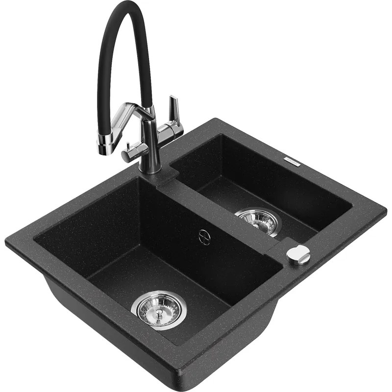 Mexen Carlos 1,5-medencés gránit mosogató Duo konyhai csapteleppel, fekete/ezüst metál - 6518-73-671701-07