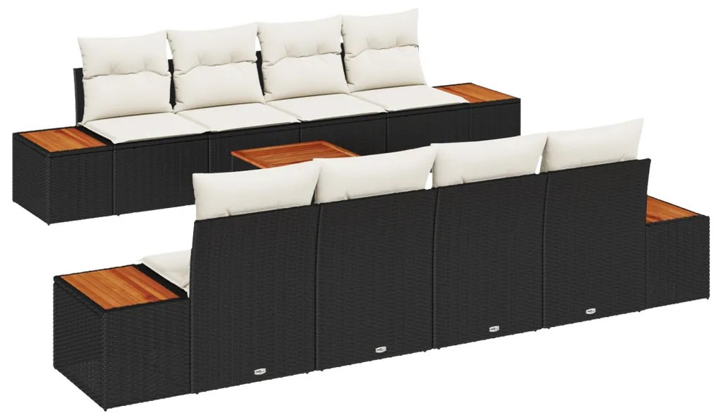 9 részes kerti kanapé szett párnákkal fekete poly rattan akác