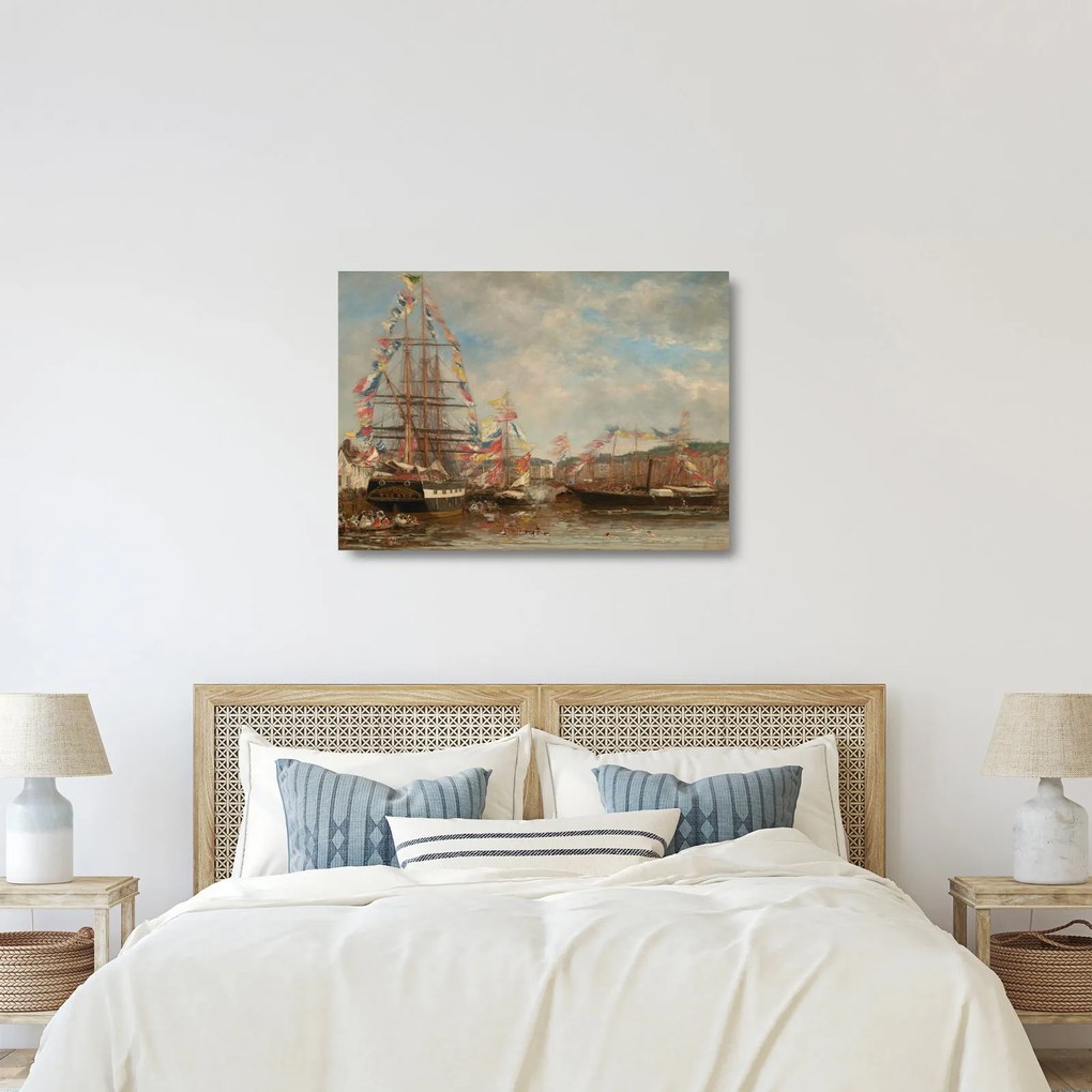 Üveg kép - Eugène Boudin, Festival in the Harbor of Honfleur, reprodukciók (70x50 cm)