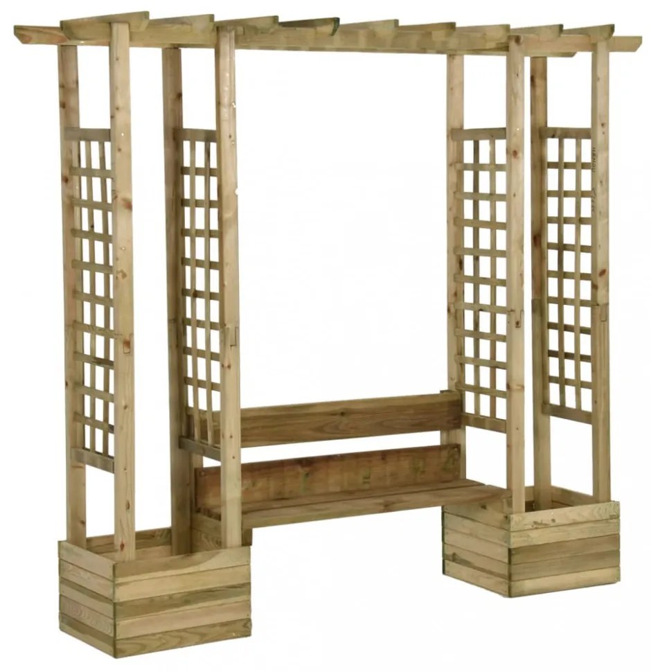 tömör impregnált fenyőfa kerti pergola paddal és virágtartókkal