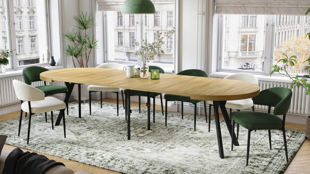 Mazzoni EXPANSO Amerikai Tölgy/fekete lábak - LOFT/IPARI STÍLUSÚ 310 cm-re BŐVÍTHETŐ NAGY KEREK ASZTAL Ø110 Y LÁBAKKAL