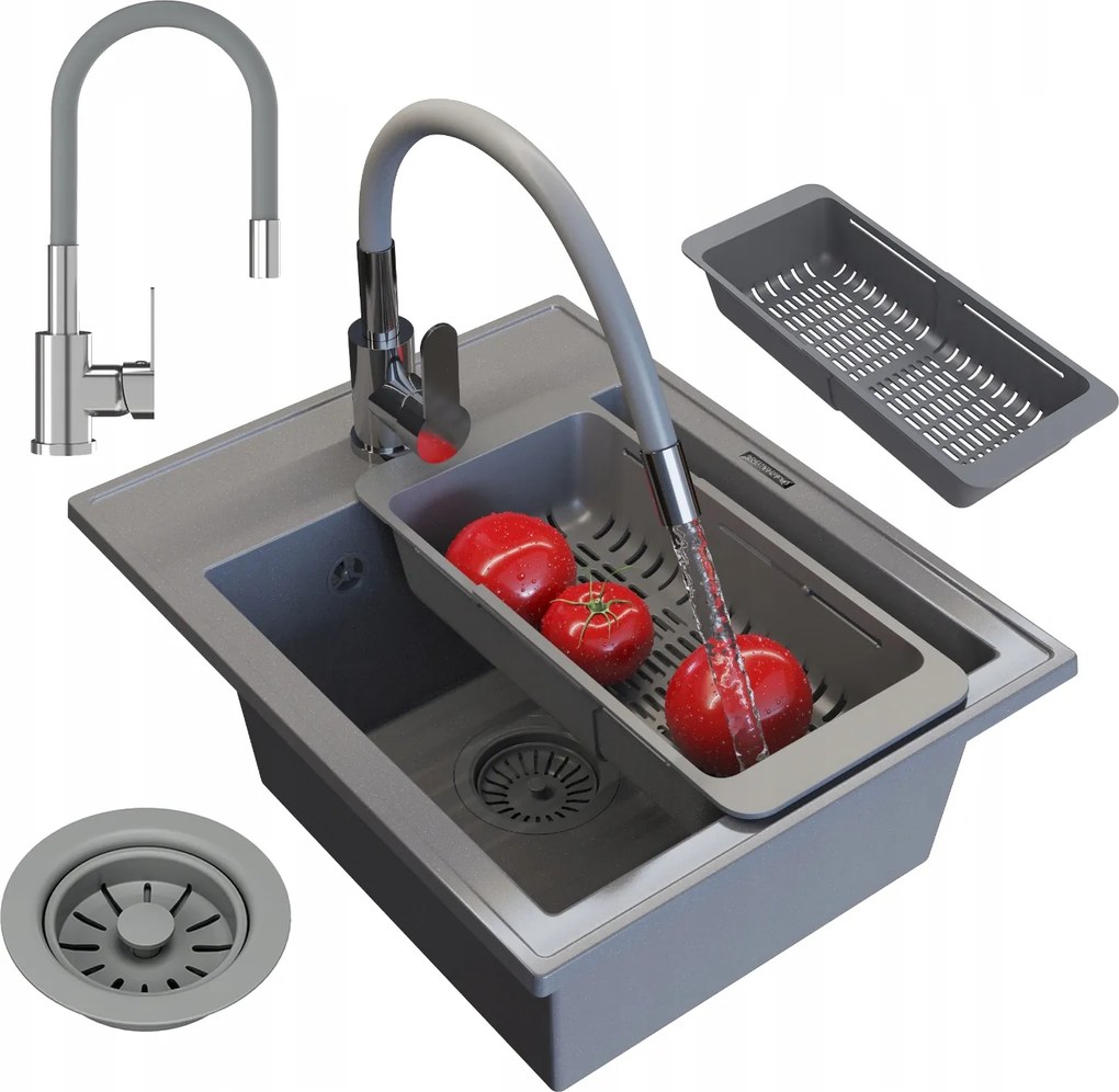 Gránit Mosogató Egymedencés Nero Szürke Mosogató Csaptelep Szifon Kosár