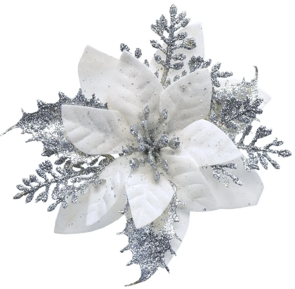 Karácsonyi dekoráció Poinsettiaszilvesztervirággal, ezüst, 6 darabos szett