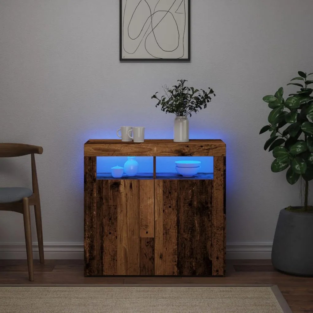 antik fa színű szerelt fa tálalószekrény LED-ekkel 80x35x75 cm