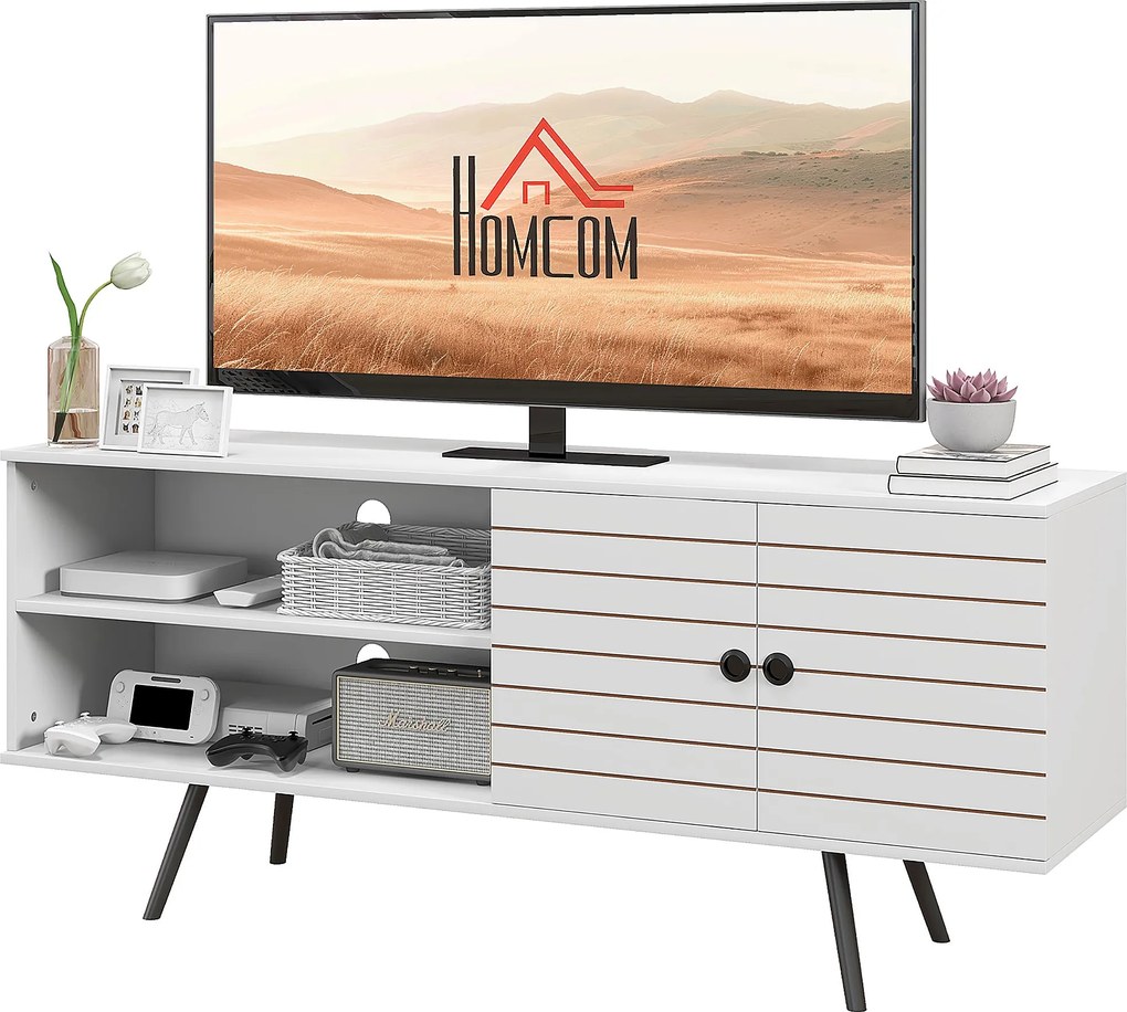 HOMCOM TV Állvány Nappaliba 65 Hüvelykes TV-hez Modern TV Állvány 2 Nyitott Polccal és 1 Állítható Polccal 145x38x65 cm Fehér | Aosom