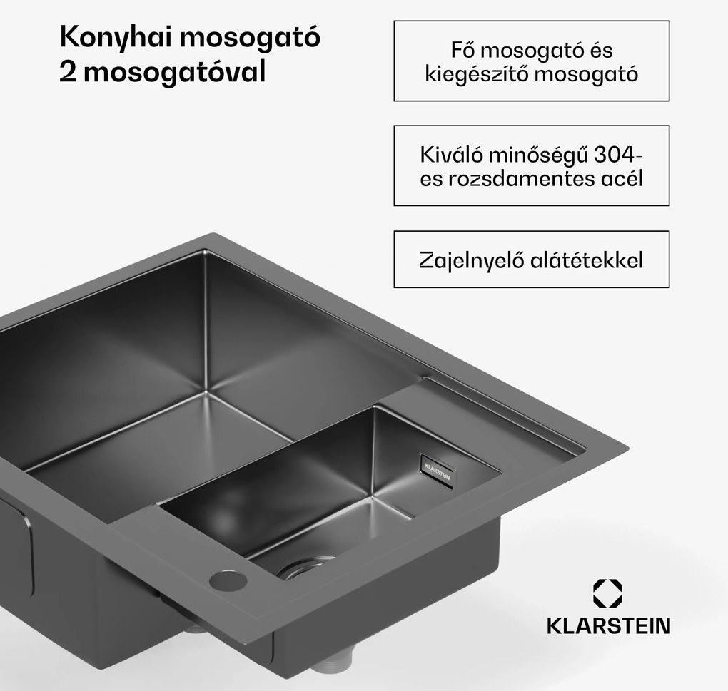 Klarstein TitanSteel konyhai mosogató, 61 x 50 cm, 2 mosogató, rozsdamentes acél, tűzálló