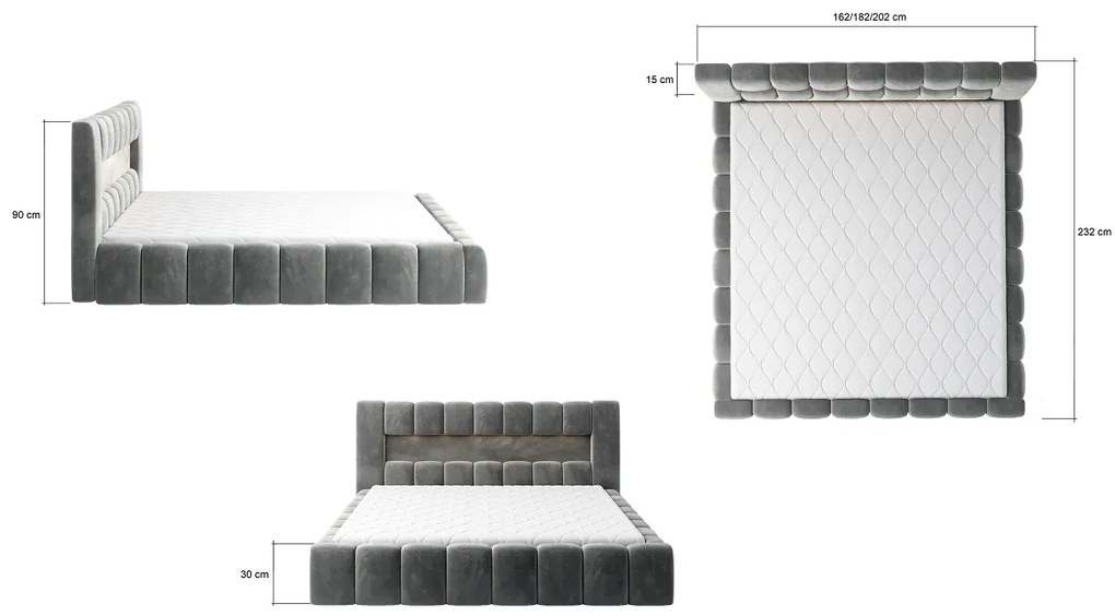 Franciaágy 140 cm Luxa (szürke) (ágyráccal, matraccal és LED-del). 1041558