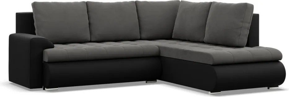 Tokio sarokkanapé, L alakú háttámlával, 2 ágyneműtartóval, bársony + műbőr, jobboldali, szürke - fekete