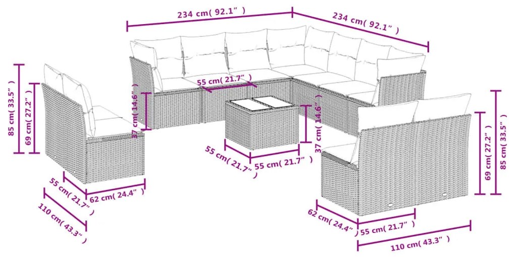 12 részes szürke polyrattan kerti ülőgarnitúra párnákkal