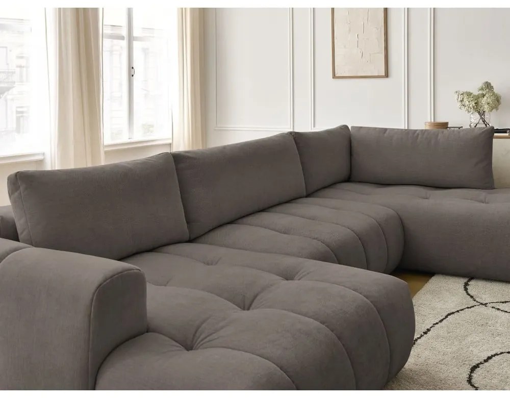 Szürkésbarna kinyitható-tárolóhelyes sarokkanapé (jobb oldali-U alakú) Fuji – Bobochic Paris