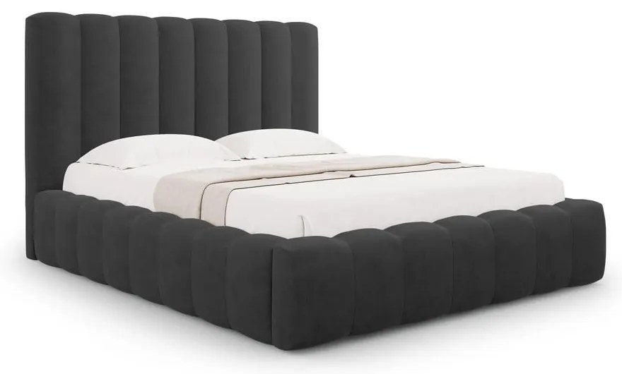 Antracitszürke kárpitozott ágyneműtartós franciaágy ágyráccsal 200x200 cm Kelp – Micadoni Home