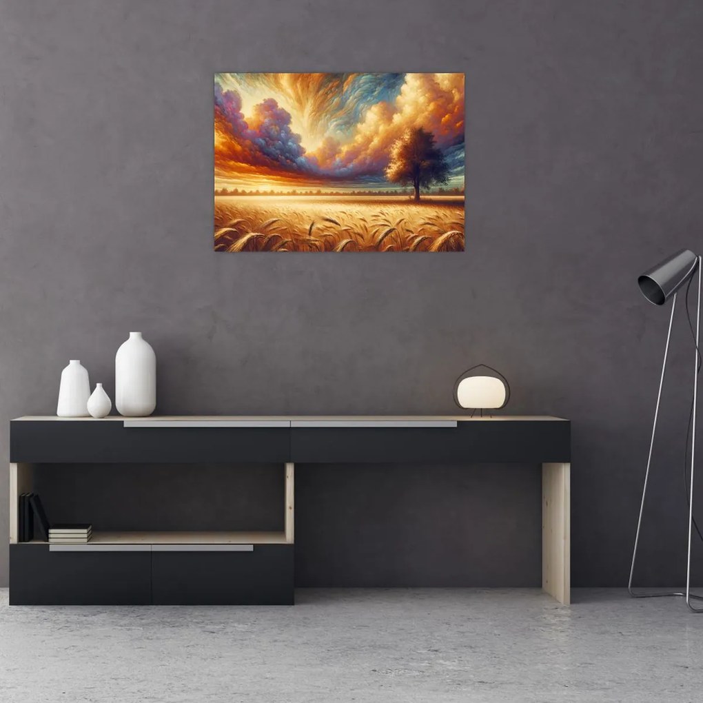 Üveg kép – Fa a mezőn (70x50 cm)