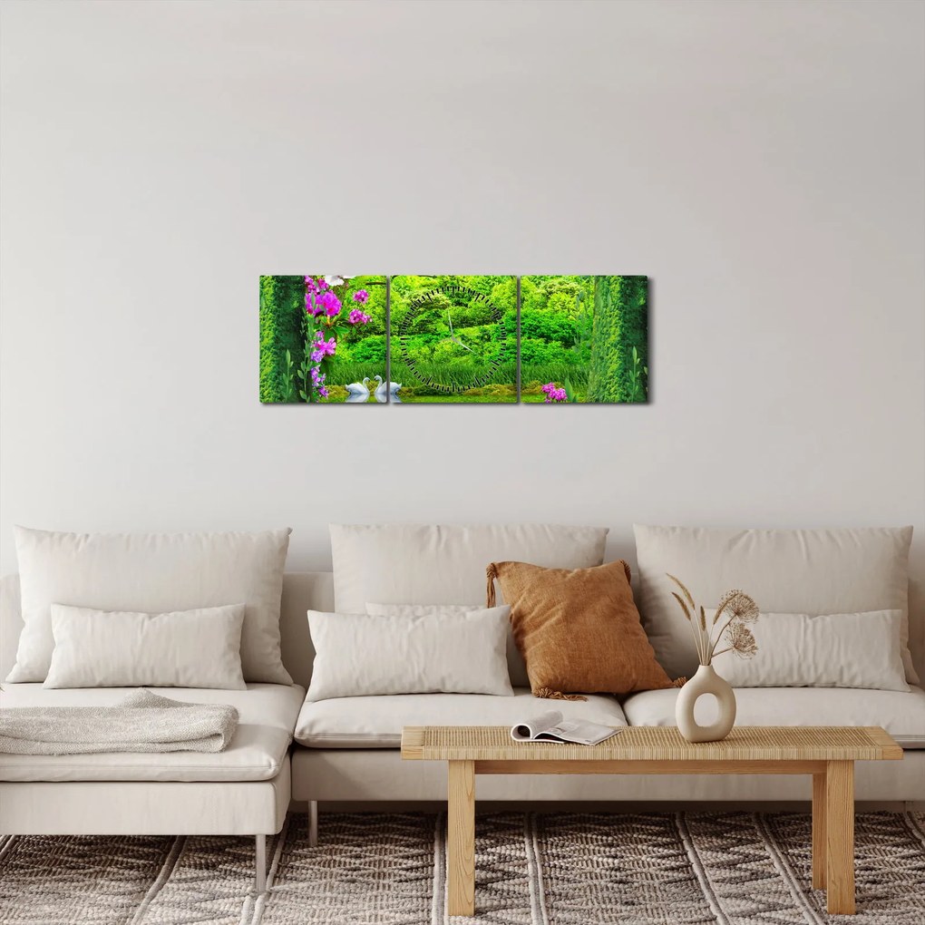 Kép - Varázslatos kert hattyúkkal (órával) (90x30 cm)