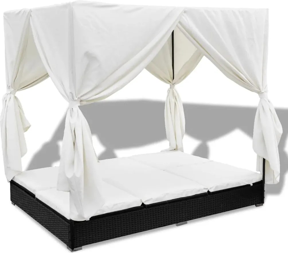 vidaXL fekete polyrattan napozóágy függönyökkel