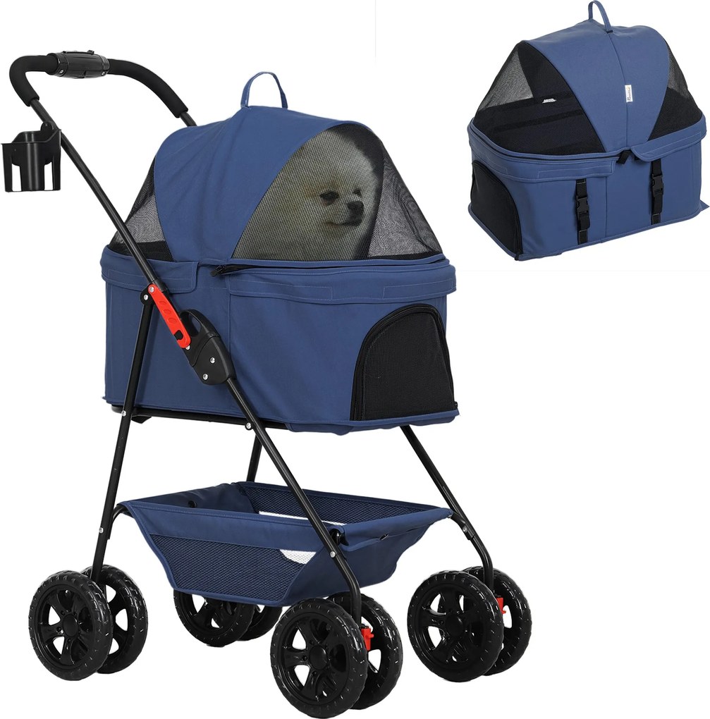 PawHut Összecsukható 3 az 1-ben Kutya Babakocsi Kiskutyák számára Tárolókosárral Hálóablakkal Pohártartókkal és 2 Univerzális Kerekekkel 76x50x102 cm