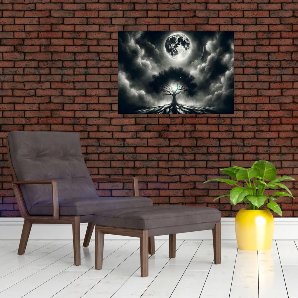 Üveg kép – Fekete-fehér fa teliholdban (70x50 cm)