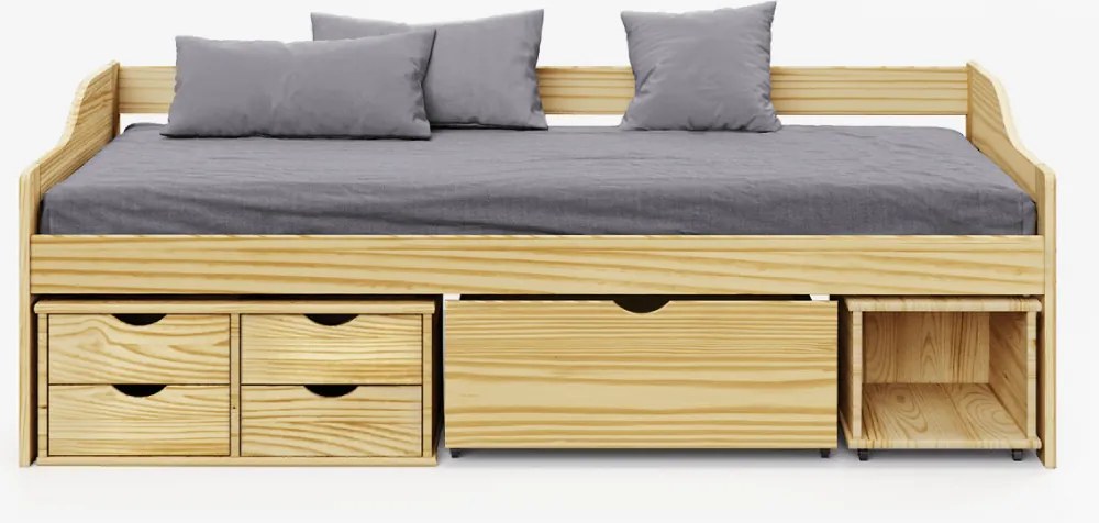 Ágy tárolóhellyel, természetes, tömörfa, 90x200, MAXI NEW