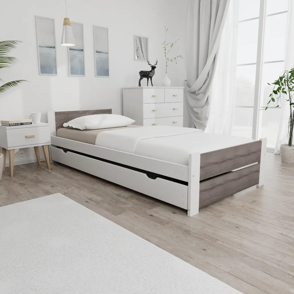 Ágy IKAROS DOUBLE 80 x 200 cm, fehér/trüffel tölgy Ágyrács: Léces ágyrács, Matrac: Deluxe 10 cm matrac