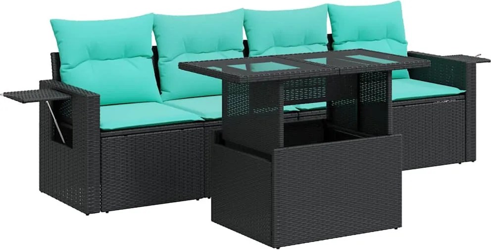 vidaXL 5 részes fekete polyrattan akácfa kerti ülőgarnitúra párnával